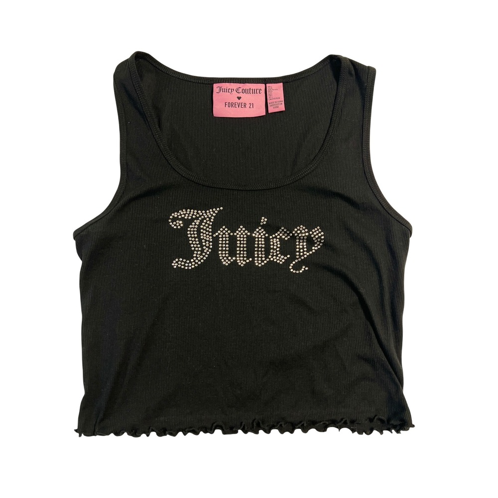 Juicy Couture Forever 21 Black Ribbed Rhinestone Logo Crop Tank Top L Y2K